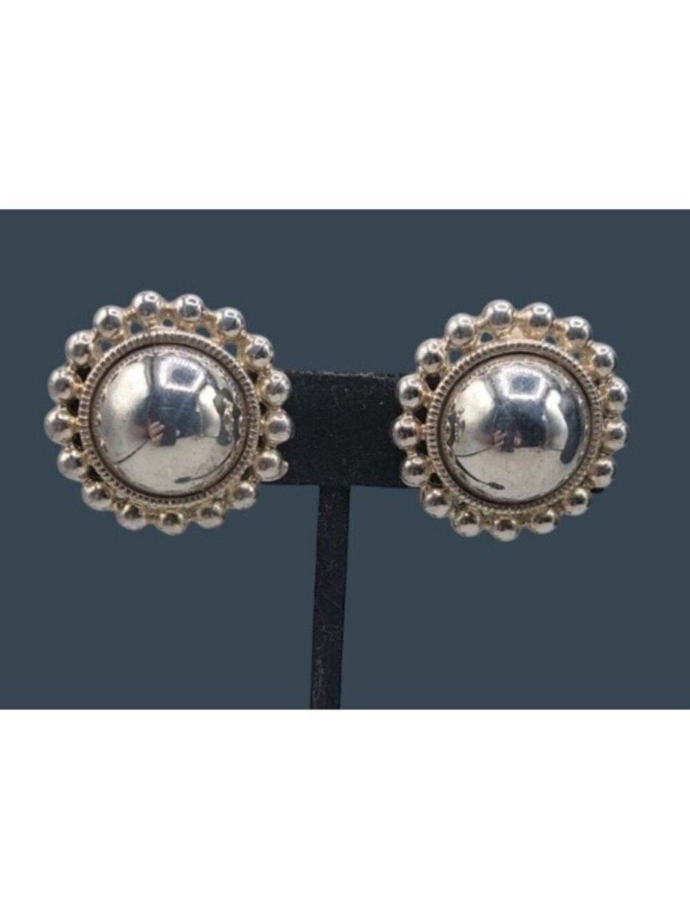 Vintage Premier Designs Button Clip On Earrings 1980s Silver Tone Beaded Puffy